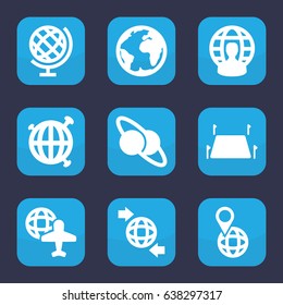 Geography icon. set of 9 filled geography icons such as globe and plane, qround the globe, land territory, planet