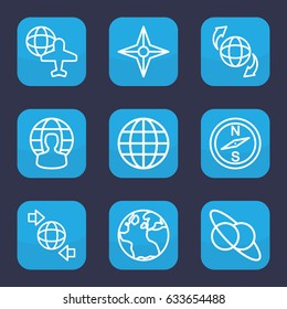 Geography icon. set of 9 outline geography icons such as globe, globe and plane, compass