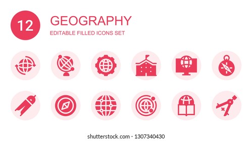 geography icon set. Collection of 12 filled geography icons included Earth, Earth globe, Global, School, World, Compass, Earth grid, Worldwide
