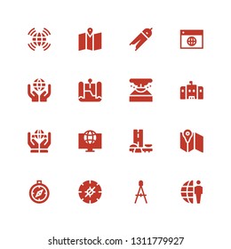 geography icon set. Collection of 16 filled geography icons included Earth grid, Compass, Map, Brazil, World, Worldwide, School, Eruption