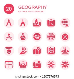 geography icon set. Collection of 20 filled geography icons included Compass, Map, Worldwide, Earth globe, Lazio, Columbia, Border, Windrose