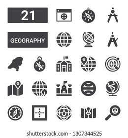 geography icon set. Collection of 21 filled geography icons included Pacifism, Map, Global, Border, Compass, Earth, Terra, School, Earth grid, Worldwide