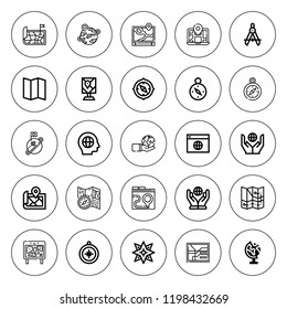 Geography icon set. collection of 25 outline geography icons with compass, earth globe, earth grid, global, map, local, maps, planet earth, planet icons. editable icons.