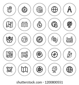 Geography icon set. collection of 25 outline geography icons with compass, earth grid, global, globe, education, map, planet, world icons. editable icons.