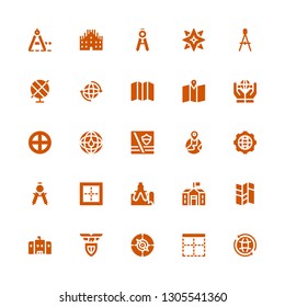 geography icon set. Collection of 25 filled geography icons included Worldwide, Border, Compass, Lazio, School, Map, Global, Earth globe, Maps, Terra, Earth, Globe, Windrose, Milan