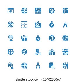 geography icon set. Collection of 25 filled geography icons included Earth grid, Localize, Compass, Globe, Worldwide, School, Brazil, Terra, Map, Border, Global, Maps