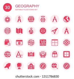 geography icon set. Collection of 30 filled geography icons included Compass, World, Planet earth, Earth grid, Map, Earth globe, Terra, Localize, Maps, Border, Globe, Worldwide