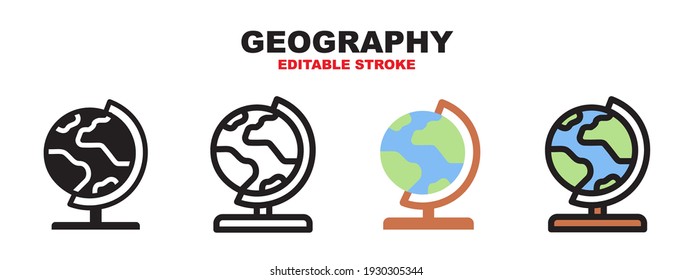 Geography icon set with different styles. Colored vector icons designed in filled, outline, flat, glyph and line colored. Editable stroke and pixel perfect. Can be used for web, mobile, ui and more.
