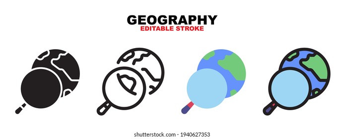 Conjunto de iconos geográficos con estilos diferentes. Iconos vectoriales de colores diseñados en color relleno, contorno, plano, glifo y línea. Actrazo editable y píxel perfecto. Se puede usar para web, móvil, ui y más.