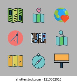 geography icon set. vector set about maps and flags, road map, compass and planet earth icons set.