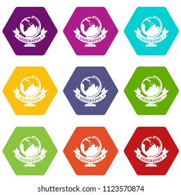 Geography icons 9 set coloful isolated on white for web