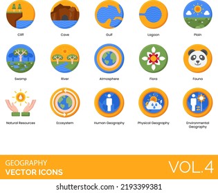 Geography Icons including Africa, Antarctica, Archipelago, Arctic Ocean, Asia, Atlantic Ocean, Atlas, Atmosphere, Australia, Bay, Canyon, Cape, Cave, City, Cliff, Ecosystem, Environmental, Geography