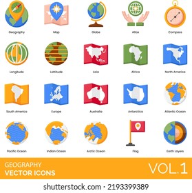 Geography Icons including Africa, Antarctica, Archipelago, Arctic Ocean, Asia, Atlantic Ocean, Atlas, Atmosphere, Australia, Bay, Canyon, Cape, Cave, City, Cliff, Ecosystem, Environmental, Geography