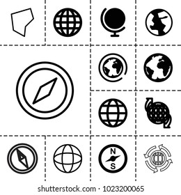 Geography icons. set of 13 editable filled and outline geography icons such as globe, compass, planet, land territory