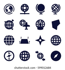 geography icons set. Set of 16 geography filled icons such as globe and plane, qround the globe, land territory, compass