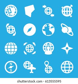 Geography icons set. set of 16 geography filled icons such as globe, globe and plane, land territory, compass