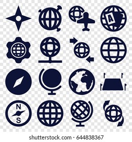 Geography icons set. set of 16 geography filled icons such as globe, globe and plane, land territory, compass