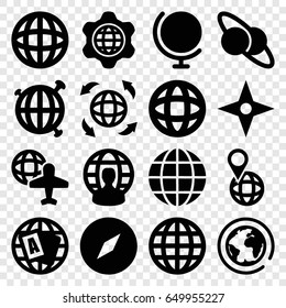 Geography icons set. set of 16 geography filled icons such as globe, globe and plane, compass, planet and satellite