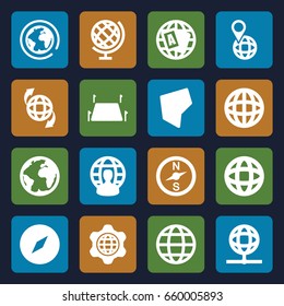 Geography icons set. set of 16 geography filled icons such as globe, qround the globe, land territory, planet