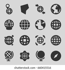 Geography icons set. set of 16 geography filled icons such as globe, qround the globe, land territory, planet