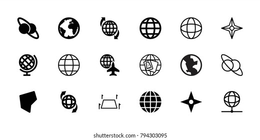 Geography icons. set of 18 editable filled and outline geography icons: planet and satellite, qround the globe, globe, planet, land territory, compass