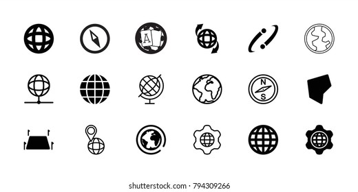 Geography icons. set of 18 editable filled and outline geography icons: globe, planet, qround the globe, land territory, compass