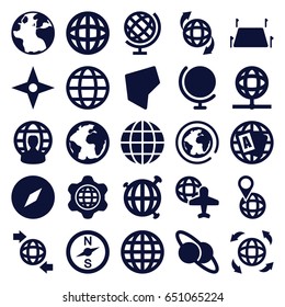 Geography icons set. set of 25 geography filled icons such as globe, globe and plane, land territory, compass, planet