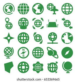 Geography icons set. set of 25 geography filled icons such as globe, globe and plane, land territory, compass, planet