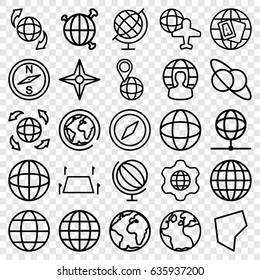 Geography icons set. set of 25 geography outline icons such as globe, globe and plane, land territory, compass, planet and satellite