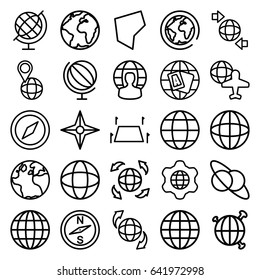 Geography icons set. set of 25 geography outline icons such as globe, globe and plane, land territory, compass, planet and satellite