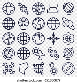 Geography icons set. set of 25 geography outline icons such as globe, globe and plane, land territory, compass, planet and satellite