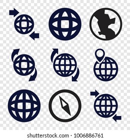 Geography icons. set of 9 editable filled geography icons such as around the globe, globe, compass