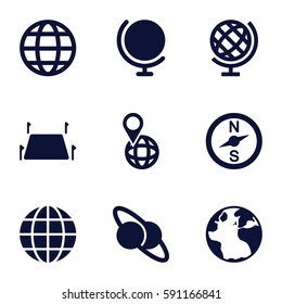 geography icons set. Set of 9 geography filled icons such as globe, pin on globe, land territory, planet and satellite