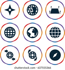 Geography icons set. set of 9 geography filled icons such as globe, qround the globe, land territory, compass