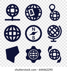 Geography icons set. set of 9 geography filled icons such as globe, qround the globe, land territory