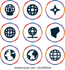 Geography icons set. set of 9 geography filled icons such as globe, land territory, user globe, compass