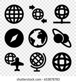 Geography icons set. set of 9 geography filled icons such as globe and plane, qround the globe, globe, planet, planet and satellite