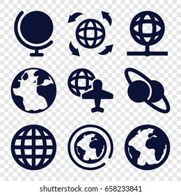 Geography icons set. set of 9 geography filled icons such as globe, globe and plane, planet