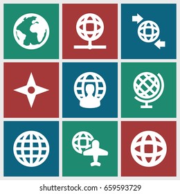 Geography icons set. set of 9 geography filled icons such as globe and plane, qround the globe, compass