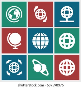 Geography icons set. set of 9 geography filled icons such as qround the globe, globe, planet and satellite