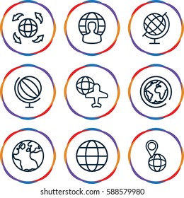 geography icons set. Set of 9 geography outline icons such as globe, globe and plane