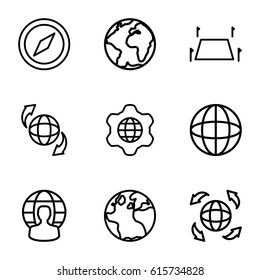 Geography icons set. set of 9 geography outline icons such as globe, qround the globe, land territory, compass
