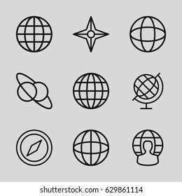 Geography icons set. set of 9 geography outline icons such as globe, user globe, compass