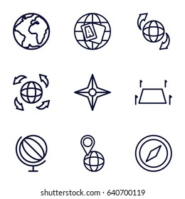 Geography icons set. set of 9 geography outline icons such as globe, qround the globe, pin on globe, land territory, compass