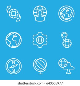 Geography icons set. set of 9 geography outline icons such as globe and plane, qround the globe, planet