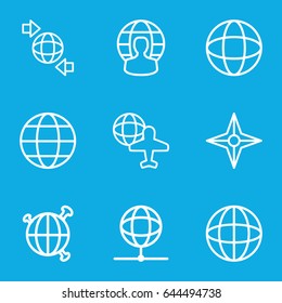 Geography icons set. set of 9 geography outline icons such as globe and plane, qround the globe