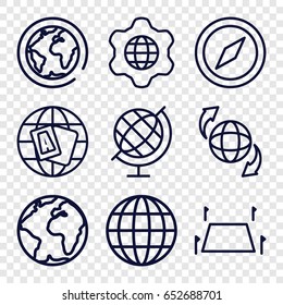 Geography icons set. set of 9 geography outline icons such as globe, qround the globe, land territory, globe in gear, compass