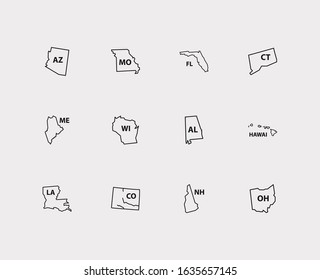 Geography icons set. Alabama and geography icons with route, hawAI and connecticut. Set of louisiana for web app logo UI design.