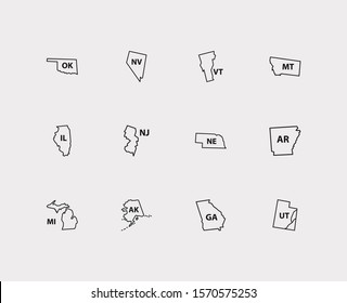 Geography icons set. America and geography icons with oklahoma, illinois and view. Set of us for web app logo UI design.