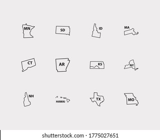 Geography icons set. America and geography icons with trip, connecticut and hawAI. Set of shape for web app logo UI design.